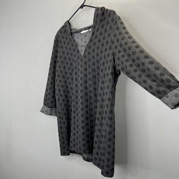 Soft Surroundings Polka Dot Tunic Top L Black Gray Hooded Notched Hem - Picture 2 of 6